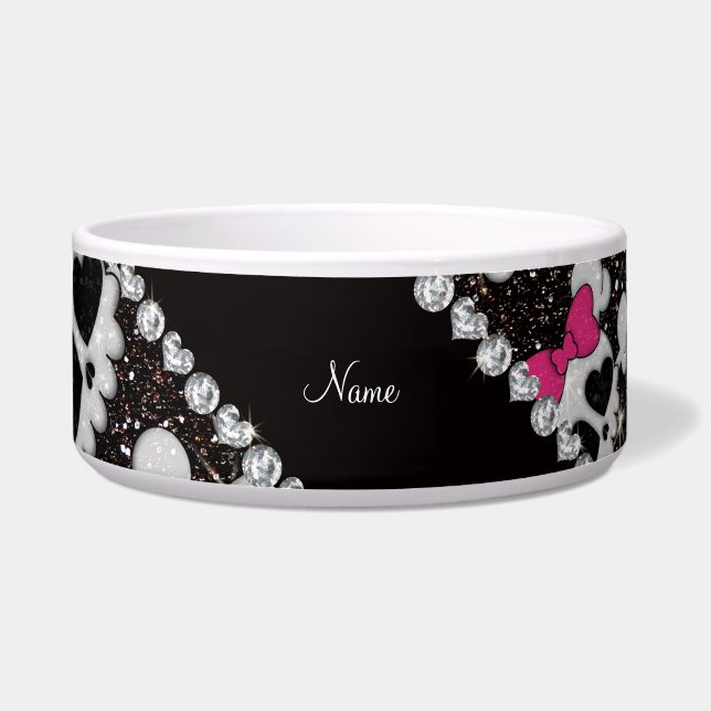 Aangepaste naam glitter black skulls roze bogen voerbakje (Voorkant)