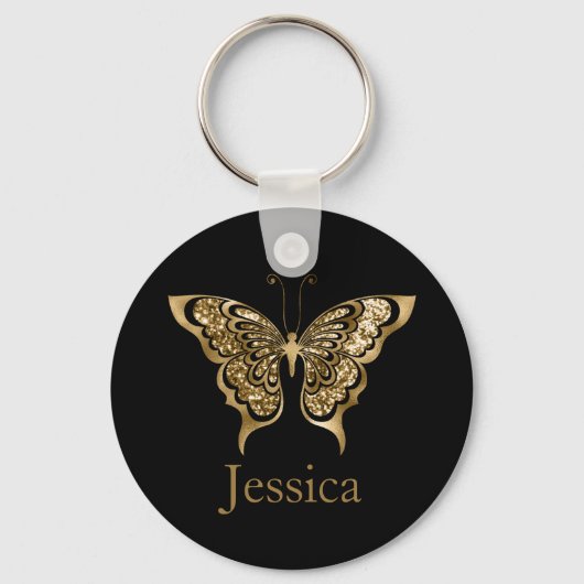 Aangepaste naam Glitter Golden Butterfly Sleutelhanger (Voorkant)