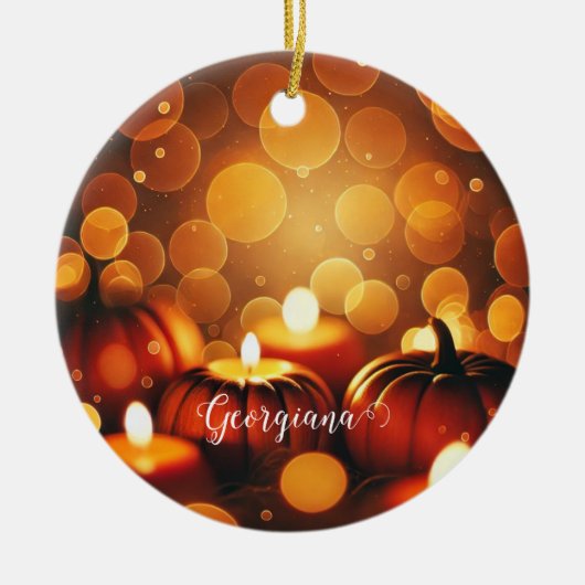 Aangepaste naam Glowing Pumpkins Autumnal Bokeh Ef Keramisch Ornament (Voorkant)