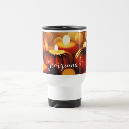 Aangepaste naam Glowing Pumpkins Autumnal Bokeh Ef Reisbeker (Center)