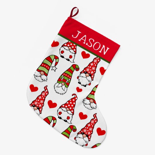Aangepaste naam Gnome Red Heart Christmas Stocking Grote Kerstsok (Voorkant (Hangend))