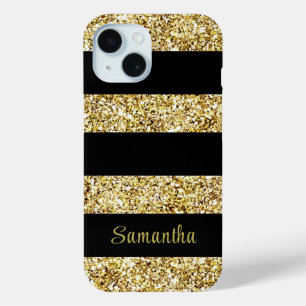 Aangepaste naam Gold Glitter Black Stripes iPhone 15 Case