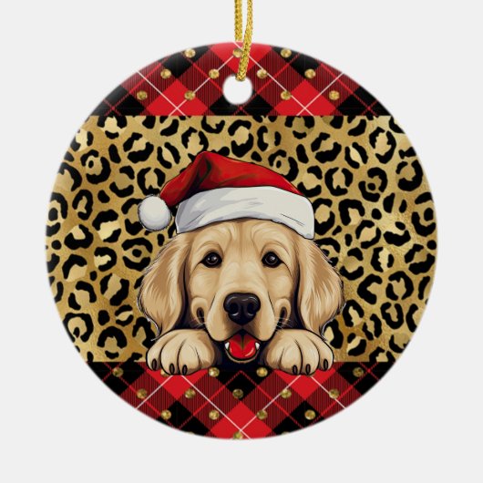 Aangepaste naam Golden Retriever hond Santa hoed B Keramisch Ornament (Voorkant)