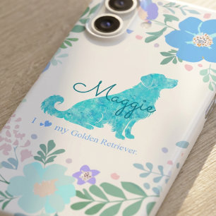 Aangepaste naam Golden Retriever Pastelblauw Bloem iPhone 16 Hoesje