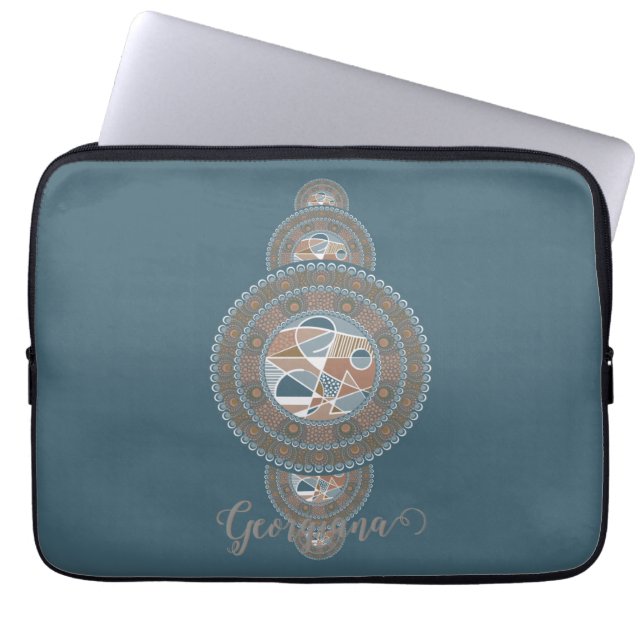 Aangepaste Naam Goud Blauwgroen Abstract Siermanda Laptop Sleeve (Voorkant)