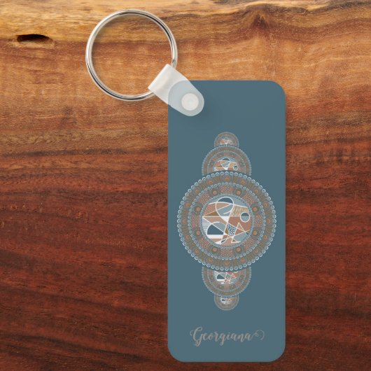 Aangepaste Naam Goud Blauwgroen Abstract Siermanda Sleutelhanger (Voorkant)