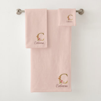 Aangepaste naam goud folie blush roze rozen letter bad handdoek
