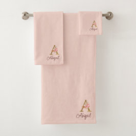 Aangepaste naam goud folie blush roze rozen letter bad handdoek