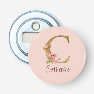 Aangepaste naam goud folie blush roze rozen letter button flesopener