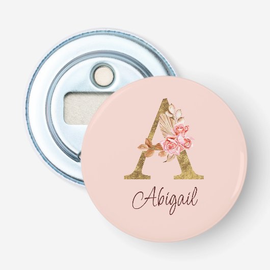 Aangepaste naam goud folie blush roze rozen letter button flesopener (Voorkant)
