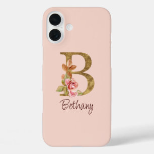 Aangepaste naam goud folie blush roze rozen letter iPhone 16 plus hoesje