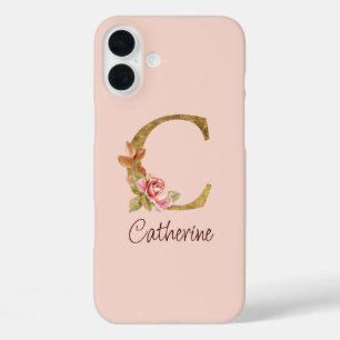 Aangepaste naam goud folie blush roze rozen letter iPhone 16 plus hoesje