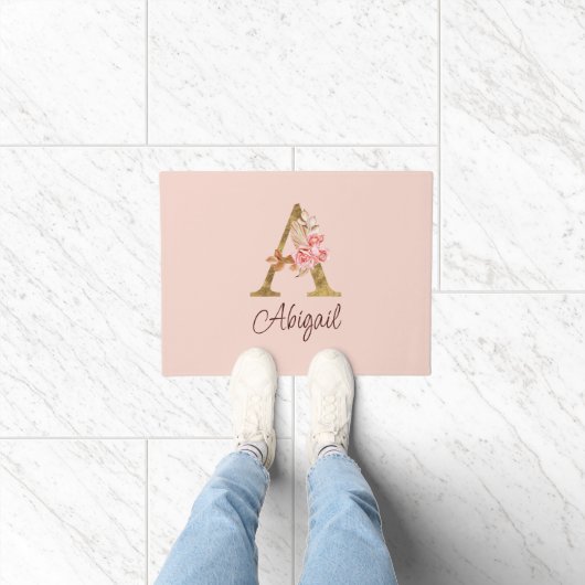 Aangepaste naam goud folie blush roze rozen letter deurmat (Binnen)