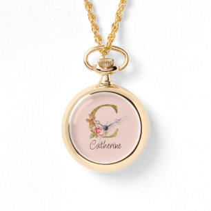 Aangepaste naam goud folie blush roze rozen letter horloge