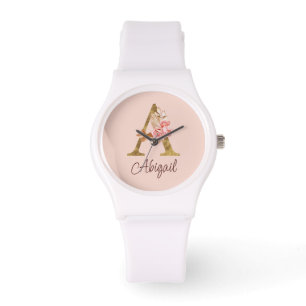 Aangepaste naam goud folie blush roze rozen letter horloge