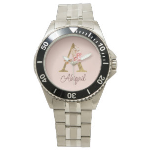 Aangepaste naam goud folie blush roze rozen letter horloge