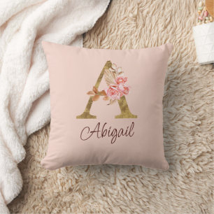 Aangepaste naam goud folie blush roze rozen letter kussen