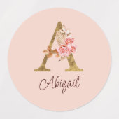 Aangepaste naam goud folie blush roze rozen letter labels (Design 1)
