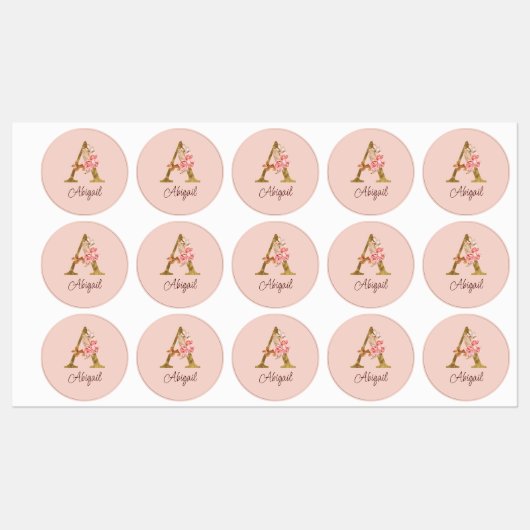 Aangepaste naam goud folie blush roze rozen letter labels (Vel)