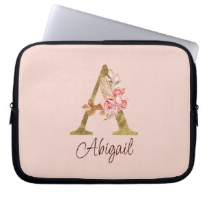 Aangepaste naam goud folie blush roze rozen letter laptop sleeve