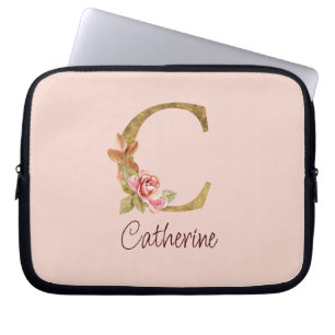 Aangepaste naam goud folie blush roze rozen letter laptop sleeve