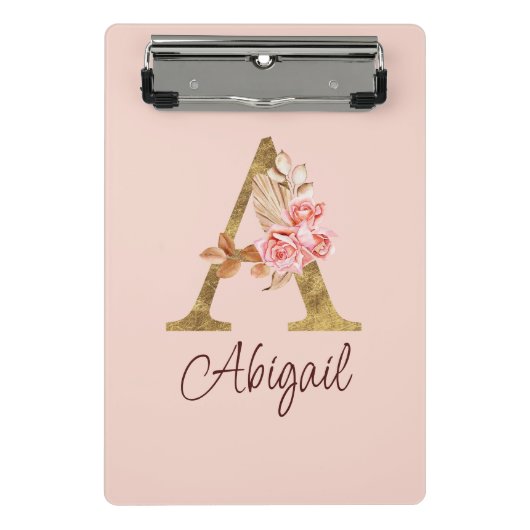 Aangepaste naam goud folie blush roze rozen letter mini klembord (Voorkant)