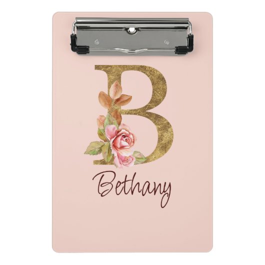 Aangepaste naam goud folie blush roze rozen letter mini klembord (Voorkant)