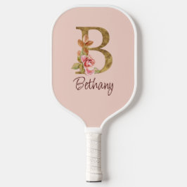 Aangepaste naam goud folie blush roze rozen letter pickleball paddle