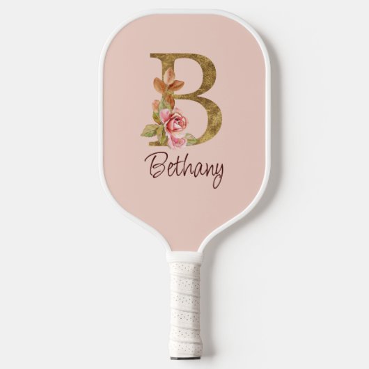 Aangepaste naam goud folie blush roze rozen letter pickleball paddle (Voorkant)