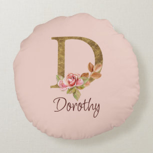 Aangepaste naam goud folie blush roze rozen letter rond kussen