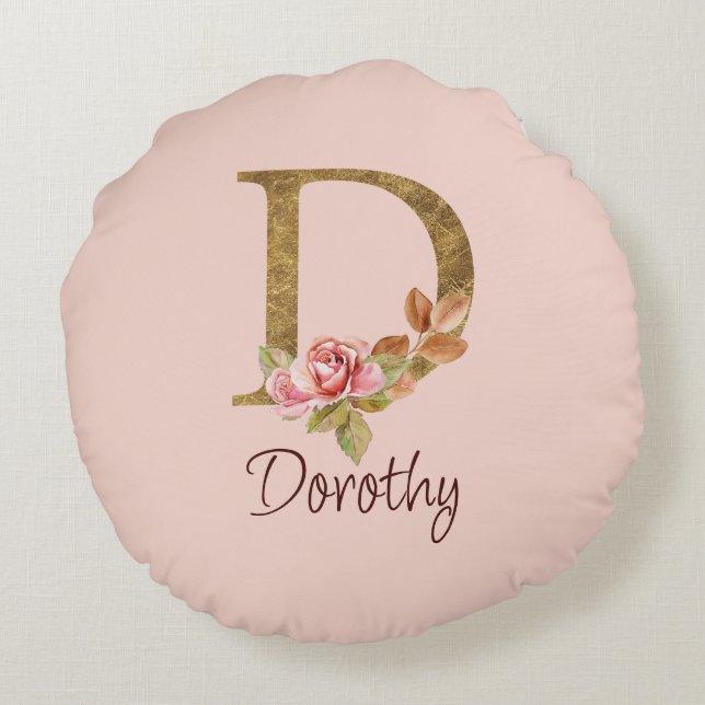 Aangepaste naam goud folie blush roze rozen letter rond kussen (Achterkant)