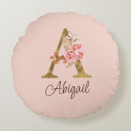 Aangepaste naam goud folie blush roze rozen letter rond kussen