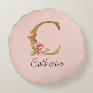 Aangepaste naam goud folie blush roze rozen letter rond kussen