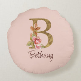 Aangepaste naam goud folie blush roze rozen letter rond kussen