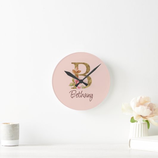 Aangepaste naam goud folie blush roze rozen letter ronde klok (Huis)