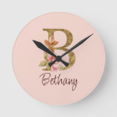 Aangepaste naam goud folie blush roze rozen letter ronde klok (Voorkant)