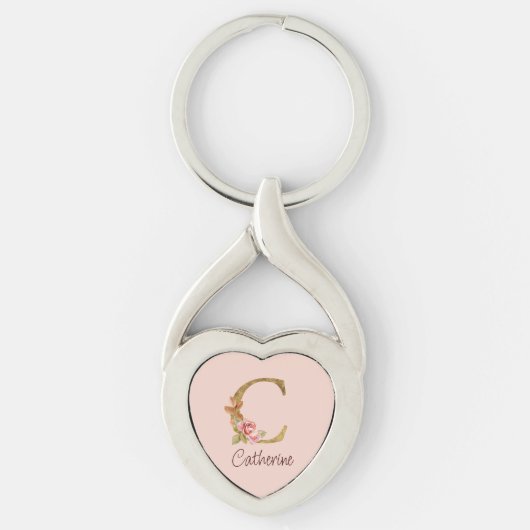 Aangepaste naam goud folie blush roze rozen letter sleutelhanger (Voorkant)