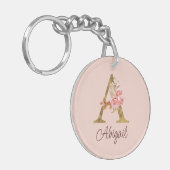 Aangepaste naam goud folie blush roze rozen letter sleutelhanger (Voorkant Links)