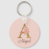 Aangepaste naam goud folie blush roze rozen letter sleutelhanger (Voorkant)