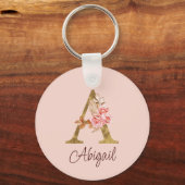 Aangepaste naam goud folie blush roze rozen letter sleutelhanger (Voorkant)