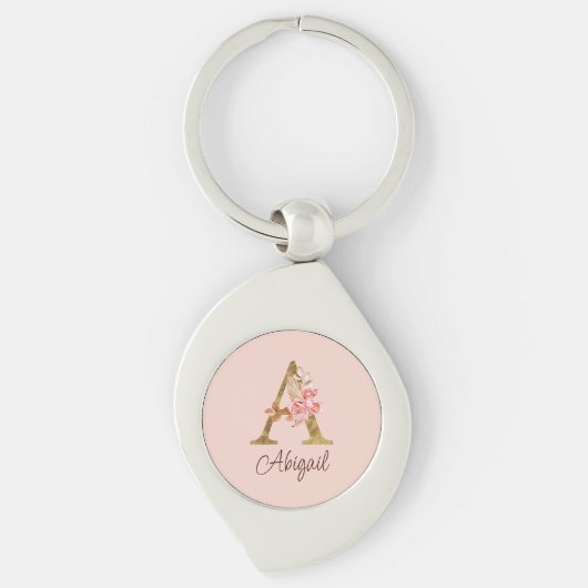 Aangepaste naam goud folie blush roze rozen letter sleutelhanger (Voorkant)
