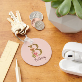 Aangepaste naam goud folie blush roze rozen letter sleutelhanger