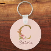 Aangepaste naam goud folie blush roze rozen letter sleutelhanger (Voorkant)