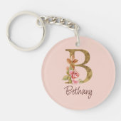 Aangepaste naam goud folie blush roze rozen letter sleutelhanger (Voorkant)