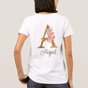 Aangepaste naam goud folie blush roze rozen letter t-shirt