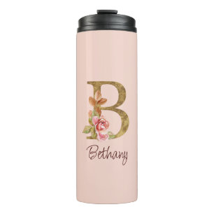 Aangepaste naam goud folie blush roze rozen letter thermosbeker