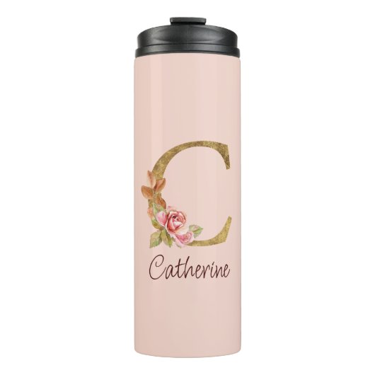 Aangepaste naam goud folie blush roze rozen letter thermosbeker (Voorkant)