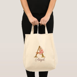 Aangepaste naam goud folie blush roze rozen letter tote bag