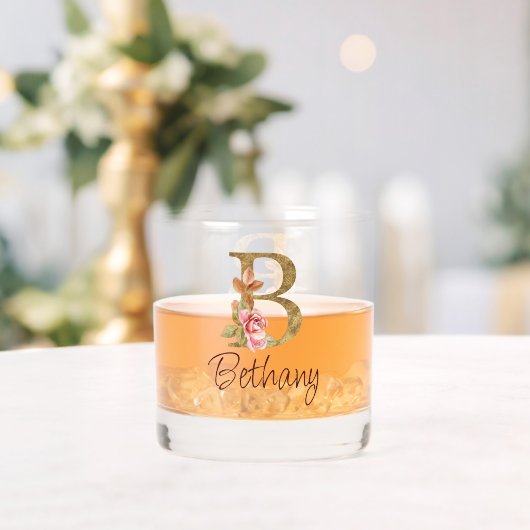 Aangepaste naam goud folie blush roze rozen letter whisky glas (Insitu (Huwelijk))