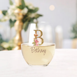 Aangepaste naam goud folie blush roze rozen letter wijnglas zonder voet